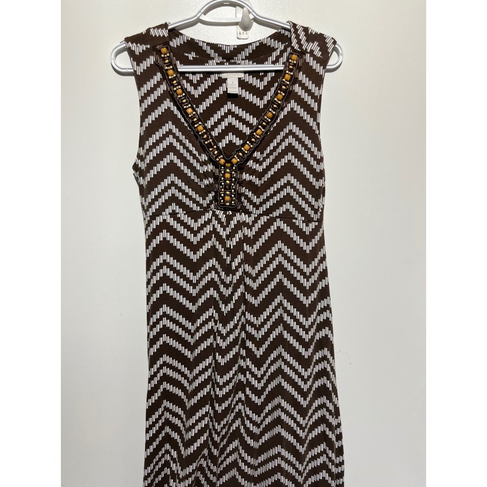 Chicos Brown White Chevron Beaded V-Neck Sleeveless Maxi Dress Size 1‎ Medium